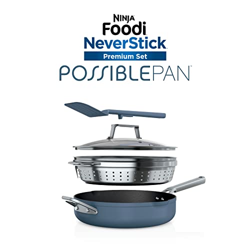 Ninja, Cookware, Steamer, Strainer Basket, Glass Lid and Spatula, Foodi NeverStick PossiblePan, Premium Set with 4-Quart Capacity Pan, Nonstick, Durable, Oven Safe Cookware, Cherry Tart, CW102BL