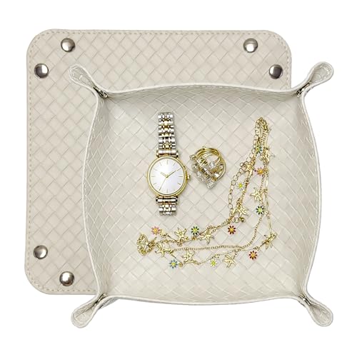 UnionBasic Small Jewelry Tray for Rings Watches Earrings, Entryway Catchall Caddy for Coins Keys Change, Nightstand Bedside Valet Holder, Trays for Electronic Gadgets, Woven Beige