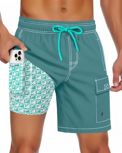 7 Inch Men Swim Trunks mid-Thigh Compression Liner Quick Dry Swimwear Cove Bikini Swimsuit Bathing Suit Water Shorts Beach Trip Summer Vacation Must Have Travel Need Gear Gift Item Gadget 2025