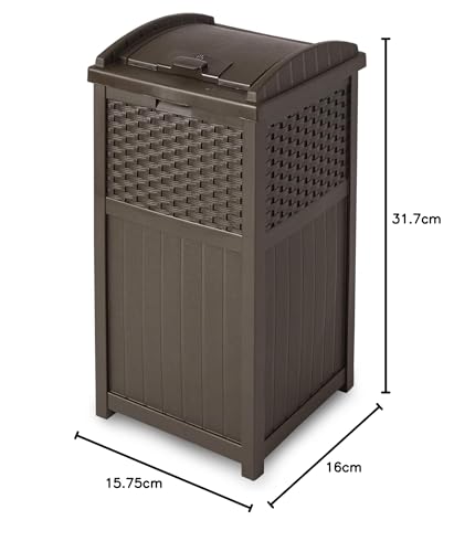 Suncast 33 Gallon Outdoor Trashcan Hideaway with Lid for 30 to 33 Gallon Trash Bags for Garage, Backyard, or Garden, Brown, Made in the USA