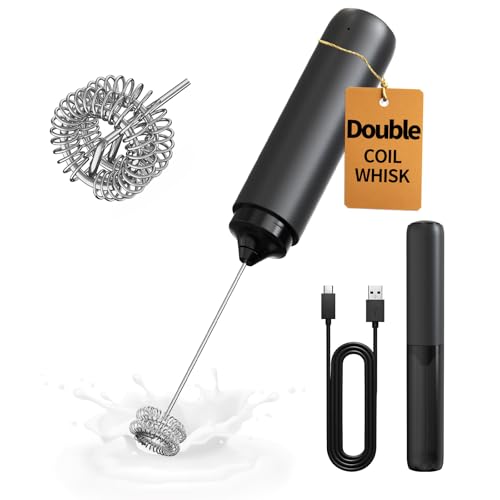 CIRCLE JOY Rechargeable Milk Frother Handheld, Dual Coil Whisk Head Electric Coffee Frother, Portable Hand Frother Wand Drink Mixer for Matcha Lattes Cappuccino, Kitchen Gifts, Black