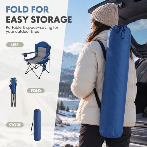 DUMOS Heated Camping Chair for Adults, Folding Chair for Outside | Padded 400 lbs Heavy Duty Support, 3 Heat Levels, 2 Heating Zones, for Outdoor Sports Lawn, Battery Not Included, Blue Grey