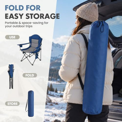 DUMOS Heated Camping Chair for Adults, Folding Chair for Outside | Padded 400 lbs Heavy Duty Support, 3 Heat Levels, 2 Heating Zones, for Outdoor Sports Lawn, Battery Not Included, Blue Grey