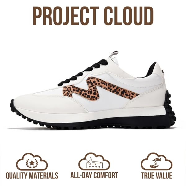 Project Cloud Trendy Fashion Sneakers for Women 2026 - Memory Foam and Non-Slip Comfortable Casual Ladies Shoes for Womens Fashion Sneakers - Lightweight Lace-up Shoes (Lecco,LEOP,8.5) Leopard