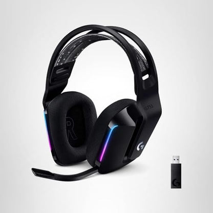 Logitech G733 Lightspeed Wireless Gaming Headset, Suspension Headband, Lightsync RGB, Blue VO!CE Mic, PRO-G Audio – Black, Gaming Headset Wireless, PC, PS5, PS4, Switch Compatible