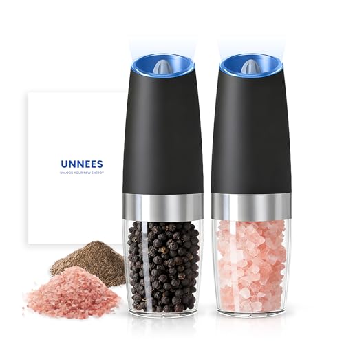 UNNEES Battery Operated Gravity Electric Salt and Pepper Grinder Set, Automatic Salt and Pepper Grinder Set, Adjustable Roughness, 12 Batteries Required, LED Light, 2 Pack, (Black)