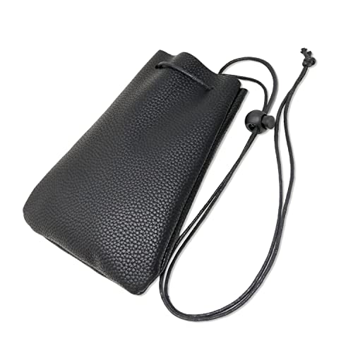 Yueton Litchi Stria Drawstring Soft PU Leather Fashion Shoulder Bag Neck Bag Cellphone Case Cover Pouch, Coin Wallet Hand Purse, Carry Gadget Bag (Black)