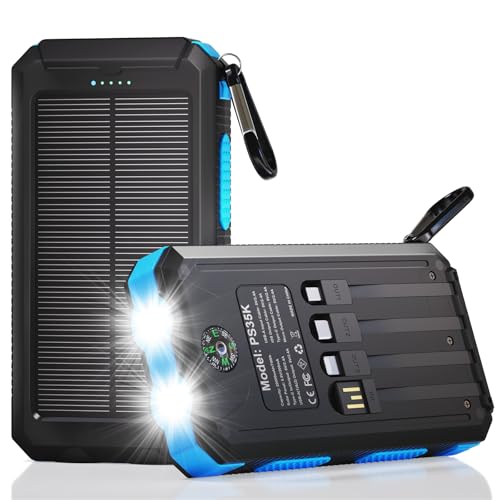 Durecopow Solar Charger Power Bank 20,000mAh, Portable Charger, 4 Cables 3 Ports Fast Charging External Battery Pack with USB C for Cell Phones, Solar Panel Charger with Dual Flashlight for Camping