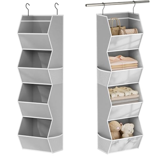 Hanging Closet Organizer 4 Shelf Collapsible Bedroom Closet Organizers and Storage Hanging with Mesh Pockets for Clothes, Fabric Hanging Storage Bins for Wardrobe Closet Organization and Storage, Grey
