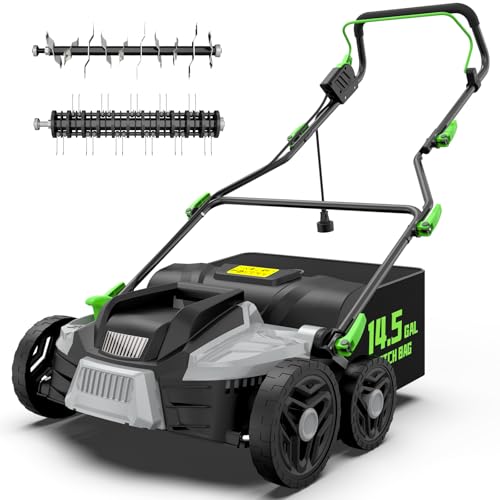 TIECTOWN 16-Inch 15.5 Amp 2-in-1 Electric Dethatcher and Scarifier with 14.5-Gallon Removable Thatch Collection Bag, Lawn Dethatcher with 5-Position Depth Adjustment, Quick-Fold, Keeps Lawn Healthy