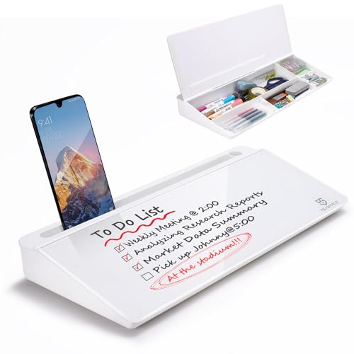 TSJ OFFICE Small Desktop Whiteboard -Glass Dry Erase Board Computer Keyboard Stand White Board Surface Pad with Drawer, Desk Organizers with Accessories for Office, Home, School Supplies - White