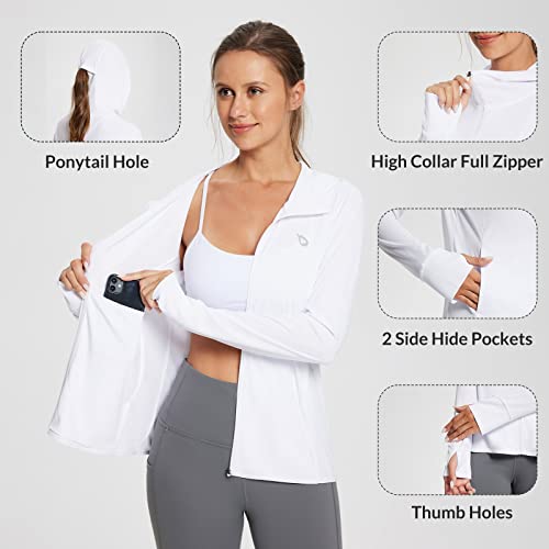 BALEAF Women's UPF 50+ Sun Protection Long Sleeve Zipper Hooded Neck White Shirt 2XL