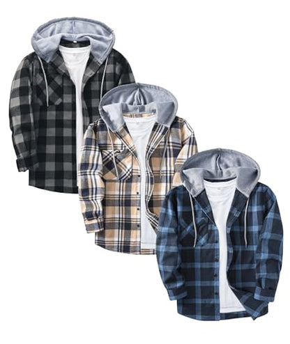 ZITY 3 Pack Men's Flannel Hoodie Shirts Long Sleeve Button Down Plaid Shirt