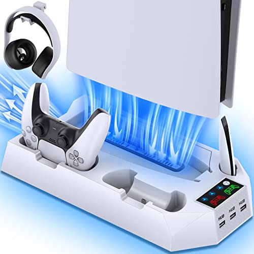 PS5/PS5 Slim/PS5 Pro Stand and Cooling Station with Dual Controller Charging Station for PlayStation 5 Console