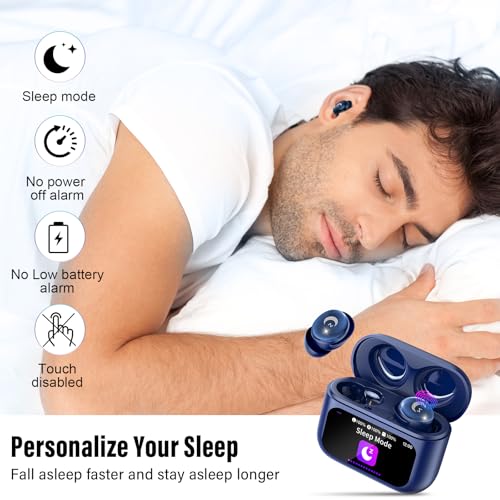 2026 Sleep Earbuds Bluetooth 5.4 in Ear Smart Touch Screen Ear Buds, 48H Playtime Mini Sleep Headphones Small Design for Side Sleepers, 5 EQ Modes, Crystal-Clear Calls, IPX7 Waterproof Earphones Blue