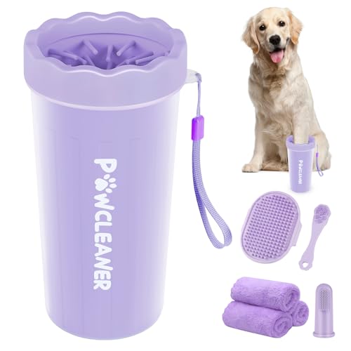 Professional 7 in 1 Dog Paw Cleaner for Dogs & Cats - Includes 1 Portable Paw Washer, 1 Bath Brush, 2 Dog Toothbrushes and 3 Absorbent Towels Note: Fits Paws 2.5 to 3.5 Inches Wide (Large, Purple)
