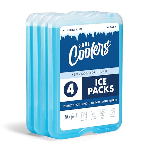 Cool Coolers by Fit & Fresh 4 Pack XL Slim Ice Packs, Quick Freeze Space Saving Reusable Ice Packs for Lunch Boxes or Coolers, Blue