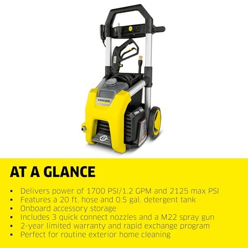 Karcher Pressure Washer K1700, Max 2125 PSI, 3 Spray Nozzles, Detergent Tank, For Cars, Driveways, Siding, Patios, 1.46 max. GPM
