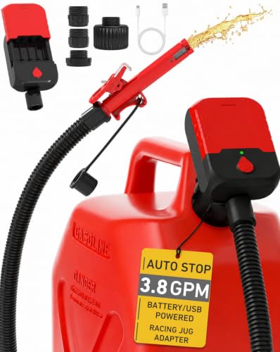MISFANS Fuel Transfer Pump, 3.8 GPM Gas Can Pump with Auto-Stop | 4 AA Batteries or USB Power, 4 Adapters and 51-Inch Hose, Gasoline, Diesel and Kerosene Cans/Barrel, Batteries Not Included