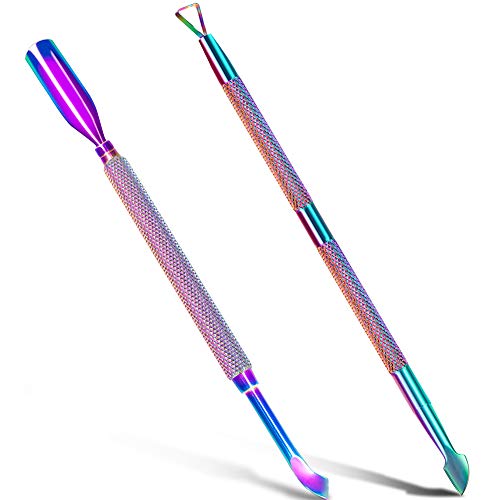2PCS Metal Cuticle Pusher and Scraper (Chameleon/Rainbow), Colorful Nail Trimmer Cutter Stainless Steel Gel Scraper Tool, Polish Remover Peeler Salon Manicure Cleaner for Fingernail and Toenail