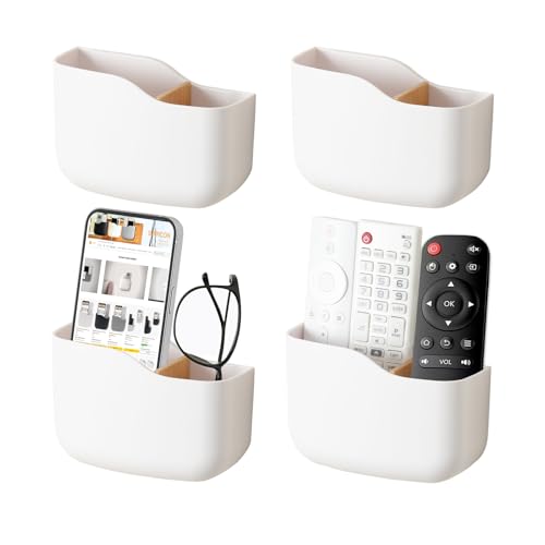 SUNFICON Wall Mount Remote Holder TV FAN Remote Control Holder Bedside Caddy Wall Organizer Phone Holder for Office Adhesive Media Player Controller Holder Box Tray Home Desk Nightstand 4 PACK WHITE