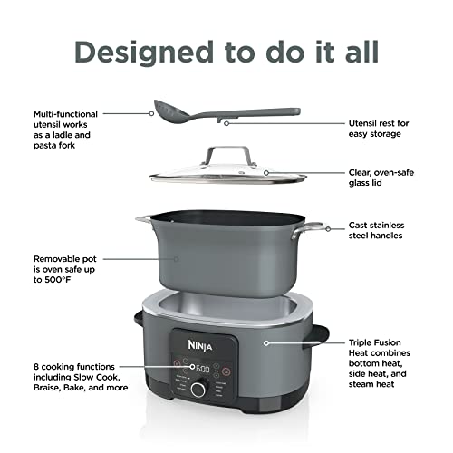 Ninja MC1001 Foodi PossibleCooker PRO 8.5 Quart Multi-Cooker, with 8-in-1 Slow Cooker, Dutch Oven, Steamer, Glass Lid Integrated Spoon, Nonstick, Oven Safe Pot to 500°F, Sea Salt Gray