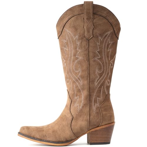 IUV Cowboy Boots For Women Western Cowgirl Boots Mid Calf Snip Toe