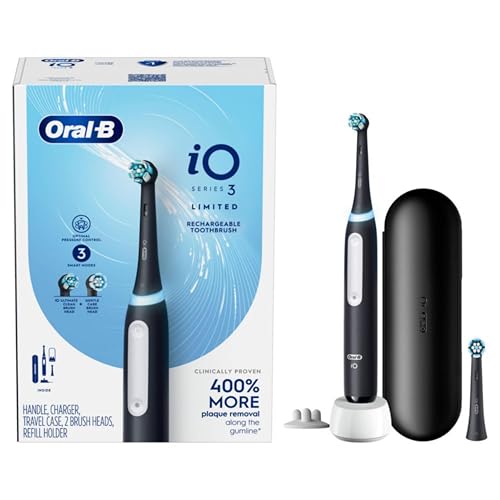 Oral-B iO Deep Clean Rechargeable Electric Powered Toothbrush, Black with iO Series 3 Limited, 2 Brush Heads and Travel Case - Pressure Sensor to Protect Gums - 3 Cleaning Settings - 2 Minute Timer