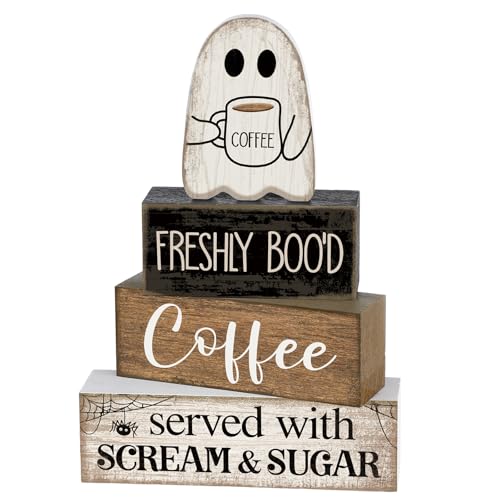 Lineshading 4 Pcs Halloween Coffee Table Decor Wooden Ghost Coffee Bar Sign