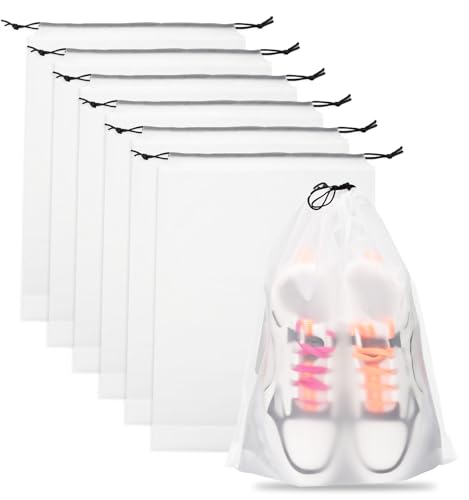 Teskyer Shoe Bags for Travel, Waterproof Drawstring Shoe Bags, 6 Pack | 15.7" x 11.8" Fits Most Shoes, Reusable PE Material, Tear-resistant Design, Travel Essentials for Organized Packing