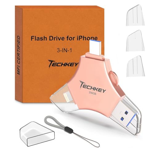 USB 3.0 Flash Drive for iPhone 256GB: MFi Certified 3in1 External Memory Photo Keeper Storage Stick for Picture/Video/Data Saver/Backup High Speed Thumb/Jump/Hard Drive USB Port Cards -Pink