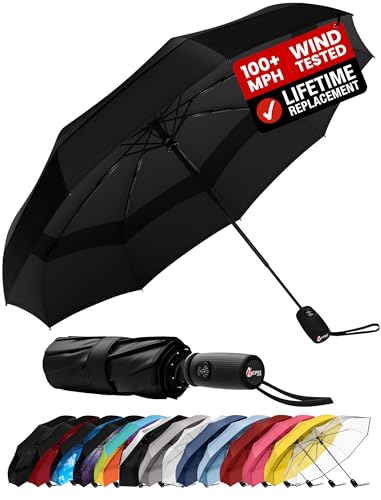Windproof Travel Umbrella - Compact & Withstands Winds up to 100MPH, Strongest Premium Auto Folding Umbrella for Rain and Sun - Durable, Light & Portable for Women & Men, Fits Backpack & Cars