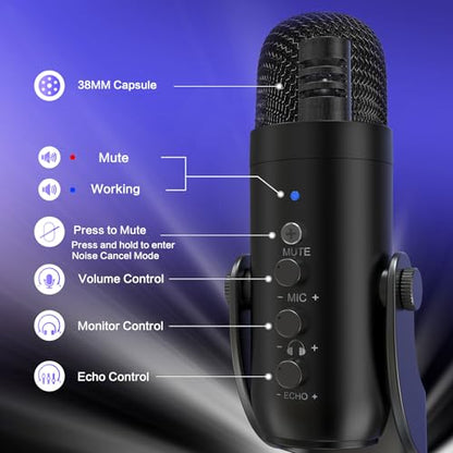 ZealSound Podcast Microphone for PC, Noise Cancellation USB Mic with Gain, Volume Adjustment & Mute Button, Monitoring & Echo, for YouTube, TikTok, Podcasting, Streaming, iPhone, iPad, Android, Mac