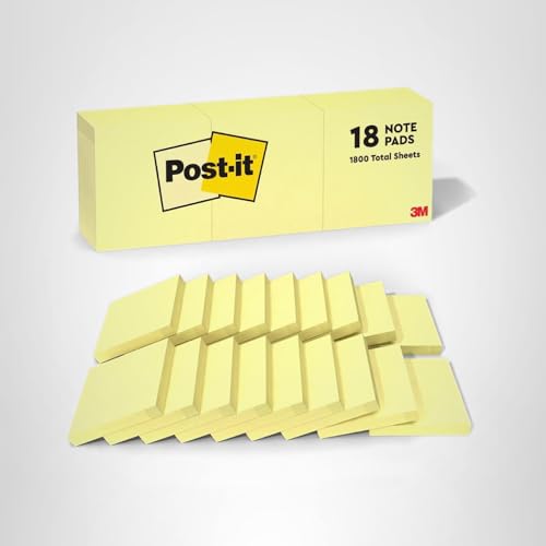 Post-it Notes, 3 in x 3 in, 18 Sticky Notes Pads, 100 Sheets per Pad, The Iconic Canary Yellow Note, New Year Organization or Second Semester School Supplies