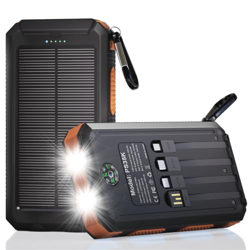 Durecopow Solar Charger Power Bank 20,000mAh, Portable Charger, 4 Cables 3 Ports Fast Charging External Battery Pack with USB C for Cell Phones, Solar Panel Charger with Dual Flashlight for Camping
