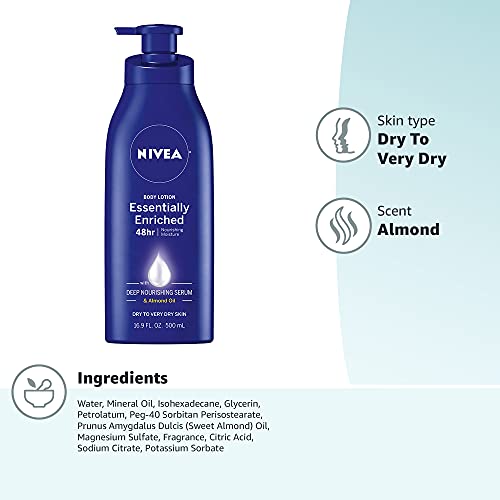 NIVEA Essentially Enriched Body Lotion for Dry Skin, 48-Hour Moisturizing Lotion with Deep Nourishing Serum and Almond Oil, 16.9 Fl Oz Pump Bottle