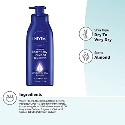 NIVEA Essentially Enriched Body Lotion for Dry Skin, 48-Hour Moisturizing Lotion with Deep Nourishing Serum and Almond Oil, 16.9 Fl Oz Pump Bottle