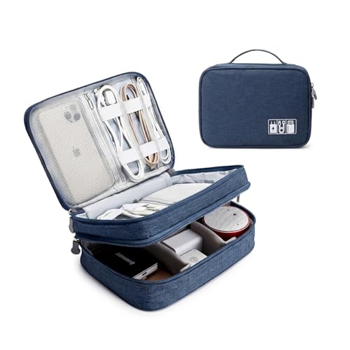 Lanola Travel Cable Organizer Bag, Electronic Accessories Case Portable Double Layer Cable Storage Bag for Cord, Charger, Flash Drive, Phone, SD Card, Personal Items - (Dark Blue)