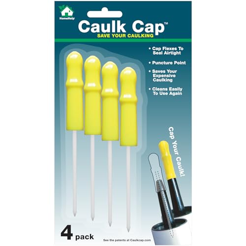 Caulk Cap CCY Caulk Saver, Reusable Tube Sealer with Puncture Pin, 4 Pack | Over 1 million sold, fits smooth and ring-lock nozzles like GE and DAP, prevents dried tips, pull-off sleeve, US-patented