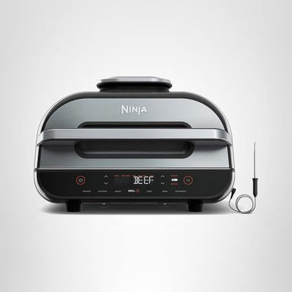 Ninja | Indoor Grill and Air Fryer| Foodi Smart XL | 6-in-1 Grill, Air Fry, Roast, Bake, Broil, Dehydrate & Crisp |Smart Thermometer & Splatter Shield | Dishwasher Safe Parts | Black/Silver | FG551