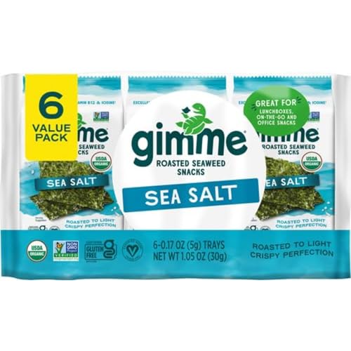 Gimme Seaweed Organic Premium Roasted Seaweed Snacks, Sea Salt, 6 Count, Keto, Vegan, Gluten-Free, Great Source of Omega3s and Iodine, Healthy On-The-Go Snack for Kids and Adults