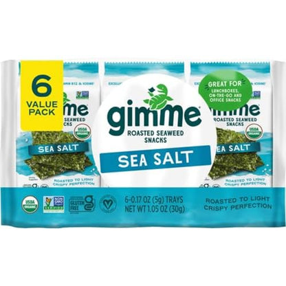 Gimme Seaweed Organic Premium Roasted Seaweed Snacks, Sea Salt, 6 Count, Keto, Vegan, Gluten-Free, Great Source of Omega3s and Iodine, Healthy On-The-Go Snack for Kids and Adults