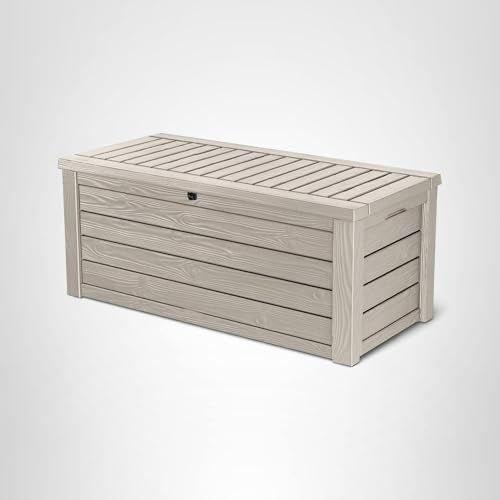 Keter Westwood 150 Gallon Resin Large Outdoor Storage Box for Patio Furniture, Outdoor Cushions, Garden Tools and Pool Floats, Beige