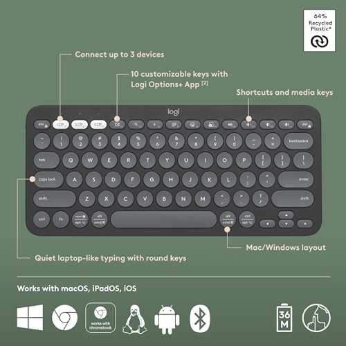 Logitech Pebble Keys 2 K380s, Multi-Device Bluetooth Wireless Keyboard with Customizable Shortcuts, Slim and Portable, Easy-Switch for Windows, macOS, iPadOS, Android, Chrome OS - Tonal Graphite