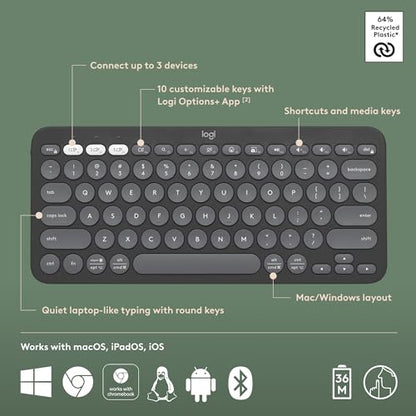 Logitech Pebble Keys 2 K380s, Multi-Device Bluetooth Wireless Keyboard with Customizable Shortcuts, Slim and Portable, Easy-Switch for Windows, macOS, iPadOS, Android, Chrome OS - Tonal Graphite