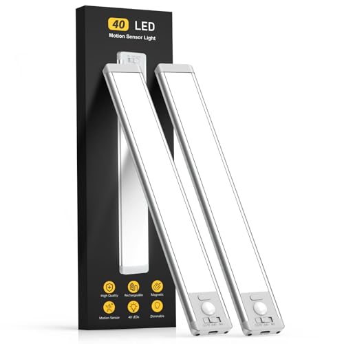 MCGOR 10inch Under Cabinet Lighting, 2 Pack Rechargeable Motion Sensor Light Indoor, 5 Levels Dimmable Magnetic Closet Lights