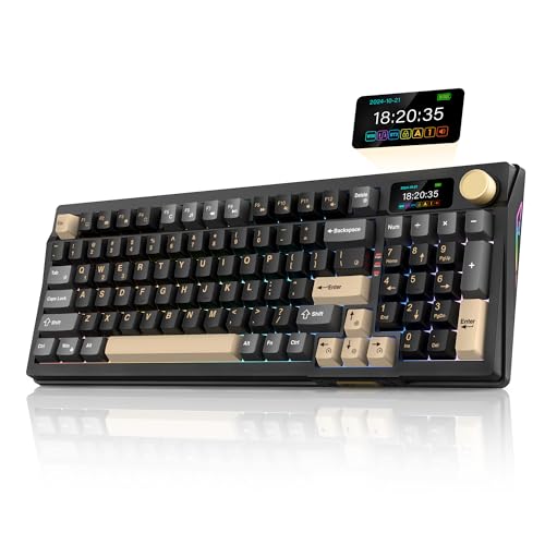 RedThunder K95 Wireless Mechanical Keyboard, TFT Screen & Knob, Tri-Mode BT5.0/2.4GHz/USB-C Hot Swappable Custom, Pre-lubed Linear Pink Switches, Gasket Structure, RGB Gaming Keyboard, Black-Gold