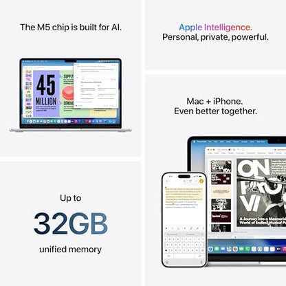 Apple 2026 MacBook Air 13-inch Laptop with M5 chip: Built for AI, 13.6-inch Liquid Retina Display, 16GB Unified Memory, 1TB SSD, 12MP Center Stage Camera, Touch ID, Wi-Fi 7; Silver