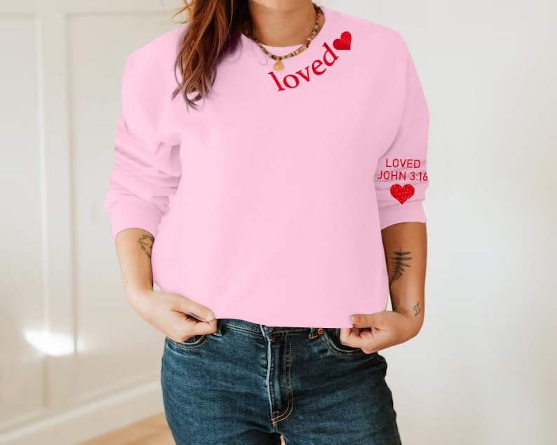 MOUSYA Valentines Day Sweatshirt Women Love Heart Graphic Shirts Christian Pullover Long Sleeve Tops Pink