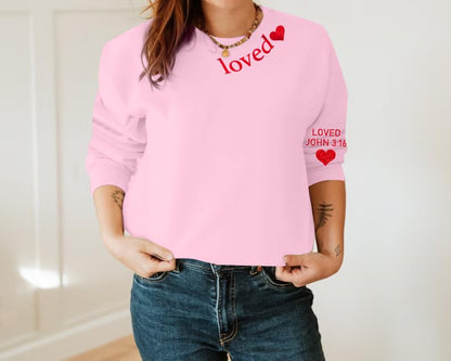 MOUSYA Valentines Day Sweatshirt Women Love Heart Graphic Shirts Christian Pullover Long Sleeve Tops Pink